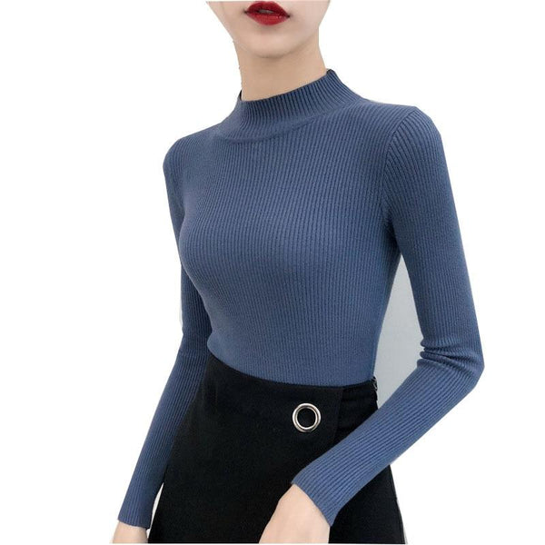 SVOKOR Sweater Women Solid Slim Half-neckline Warm Knitwear Winter Long Sleeve Turtleneck Top - saadatstore