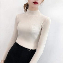 SVOKOR Sweater Women Solid Slim Half-neckline Warm Knitwear Winter Long Sleeve Turtleneck Top - saadatstore