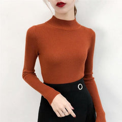 SVOKOR Sweater Women Solid Slim Half-neckline Warm Knitwear Winter Long Sleeve Turtleneck Top - saadatstore