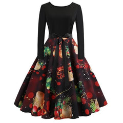 Vintage Dress Women Long Sleeve Print Christmas Dress Winter Elegant Swing Party Dresses Robe Femme Casual Rockabilly Vestidos