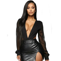 Women Sheer mesh Romper bodysuits Leotard Top Blouse Sexy patchwork Long sleeve Club Elegant OL Jumpsuits Deep V-neck Outfits