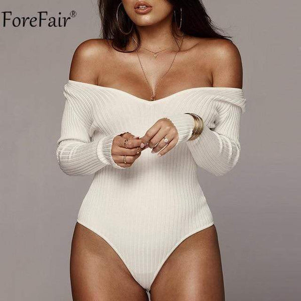 Forefair Off Shoulder Long Sleeve Women Bodysuit Autumn Winter Kint Black White Blackless V Neck Sexy Body Tops - saadatstore