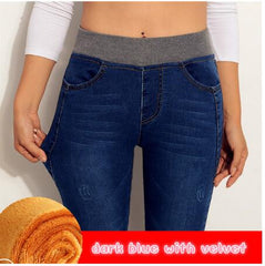 Plus Velvet Jeans Women Casual Pants High Waist Jeans Elastic Waist Pencil Pants Fashion Denim Trousers Winter Warm Plus Size 40 - saadatstore