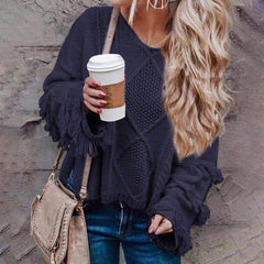 Women's Sweater Loose Knitting O-neck Flare Sleeve Tassel Patchwork Ladies Tops 2019 Autumn Winter Casual Sweaters Pullovers