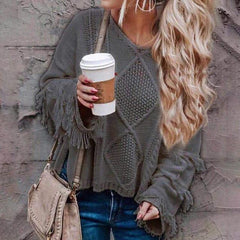 Women's Sweater Loose Knitting O-neck Flare Sleeve Tassel Patchwork Ladies Tops 2019 Autumn Winter Casual Sweaters Pullovers