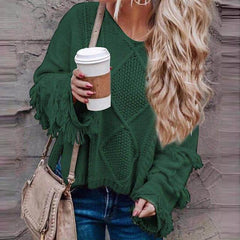 Women's Sweater Loose Knitting O-neck Flare Sleeve Tassel Patchwork Ladies Tops 2019 Autumn Winter Casual Sweaters Pullovers