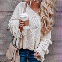 Women's Sweater Loose Knitting O-neck Flare Sleeve Tassel Patchwork Ladies Tops 2019 Autumn Winter Casual Sweaters Pullovers