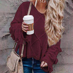 Women's Sweater Loose Knitting O-neck Flare Sleeve Tassel Patchwork Ladies Tops 2019 Autumn Winter Casual Sweaters Pullovers