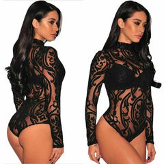 Women Sexy Sheer Mesh Lace Jumpsuit Long Sleeve Top Turtleneck Bodysuit USA