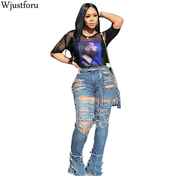 Wjustforu Sexy Hollow Out Ripped Jeans For Women Personality High Waist Holw Denim Pants Femme Bodycon Club Pencil Pants Vestido - saadatstore