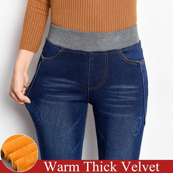 Plus Velvet Jeans Women Casual Pants High Waist Jeans Elastic Waist Pencil Pants Fashion Denim Trousers Winter Warm Plus Size 40 - saadatstore