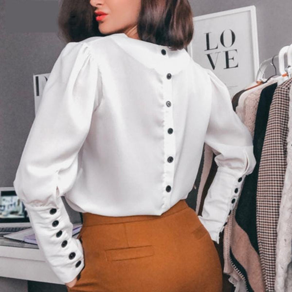 Women Office Lady Back Button Blouse Long Sleeve Sexy V neck Solid Elegant Casual Shirt 2019 Autumn New Fashion Women Tops