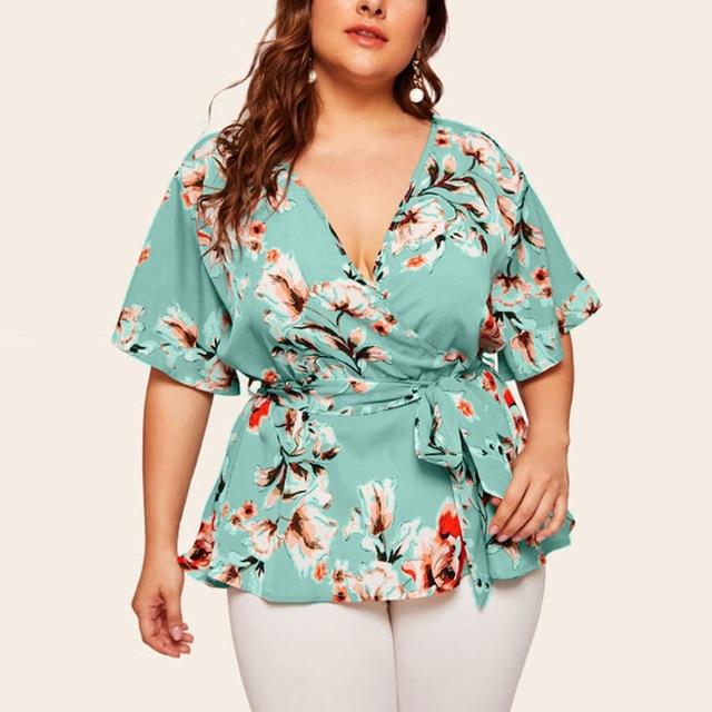 Blouse women plus size Casual V-neck Short-Sleeved - saadatstore