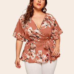 Blouse women plus size Casual V-neck Short-Sleeved - saadatstore