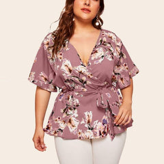 Blouse women plus size Casual V-neck Short-Sleeved - saadatstore