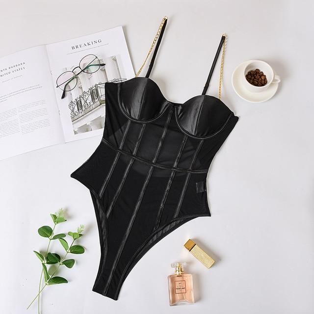 Black Mesh Transparent Bodysuit - saadatstore