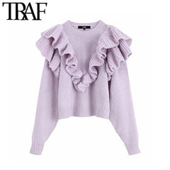 TRAF Women Vintage Sweet Ruffled Short Style Knitted Sweater Fashion O Neck Long Sleeve Stylish Pullovers Puff Femme Chic Tops - saadatstore