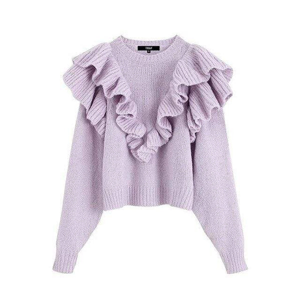 TRAF Women Vintage Sweet Ruffled Short Style Knitted Sweater Fashion O Neck Long Sleeve Stylish Pullovers Puff Femme Chic Tops - saadatstore