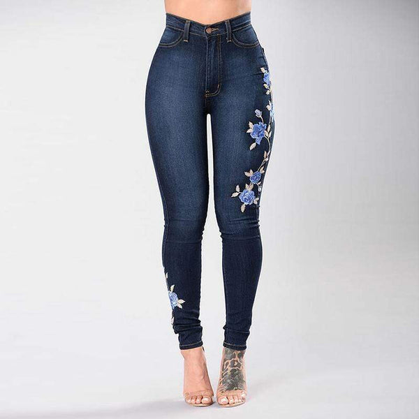 Women Elastic Blue Flower Jeans Stretch Embroidered Jeans Female Pencil Denim Pants Rose Pattern Pantalon Femme Bottom Trouser - saadatstore