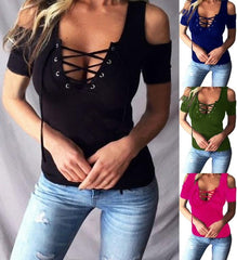 Women Top Blouses Lace Up Off-Shoulder Slim Fit Pullover Shirt