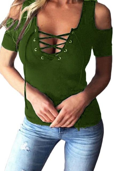 Women Top Blouses Lace Up Off-Shoulder Slim Fit Pullover Shirt