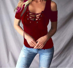 Women Top Blouses Lace Up Off-Shoulder Slim Fit Pullover Shirt