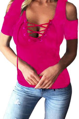 Women Top Blouses Lace Up Off-Shoulder Slim Fit Pullover Shirt