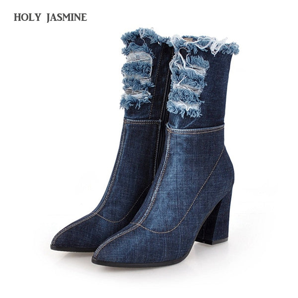 New Pointed Toe Denim Boots Women Super High