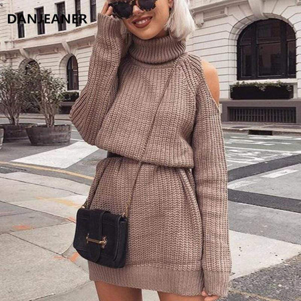 Turtleneck Knitted Sweater Dress Women Solid Slim Long Pullovers - saadatstore