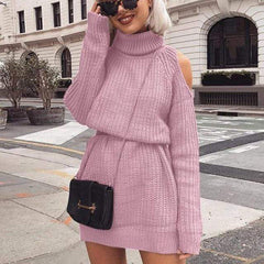 Turtleneck Knitted Sweater Dress Women Solid Slim Long Pullovers - saadatstore