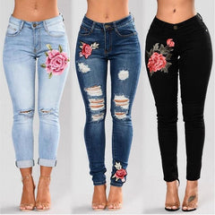 Stretch Embroidered Jeans For Women Elastic Flower Jeans Female Slim Denim Pants Hole Ripped Rose Pattern Jeans Pantalon Femme - saadatstore