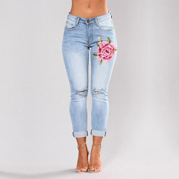 Stretch Embroidered Jeans For Women Elastic Flower Jeans Female Slim Denim Pants Hole Ripped Rose Pattern Jeans Pantalon Femme - saadatstore