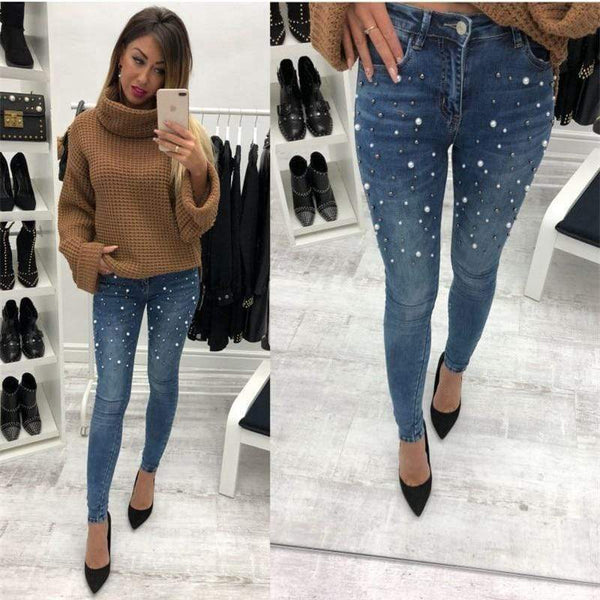 Women blue Jeans Pants Skinny Pearl Beaded black Jeans Summer Spring ladies high waist Zipper Fly Long Denim Casual mom jeans - saadatstore