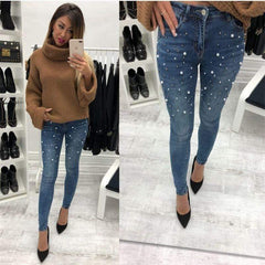 Women blue Jeans Pants Skinny Pearl Beaded black Jeans Summer Spring ladies high waist Zipper Fly Long Denim Casual mom jeans - saadatstore