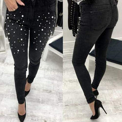 Women blue Jeans Pants Skinny Pearl Beaded black Jeans Summer Spring ladies high waist Zipper Fly Long Denim Casual mom jeans - saadatstore