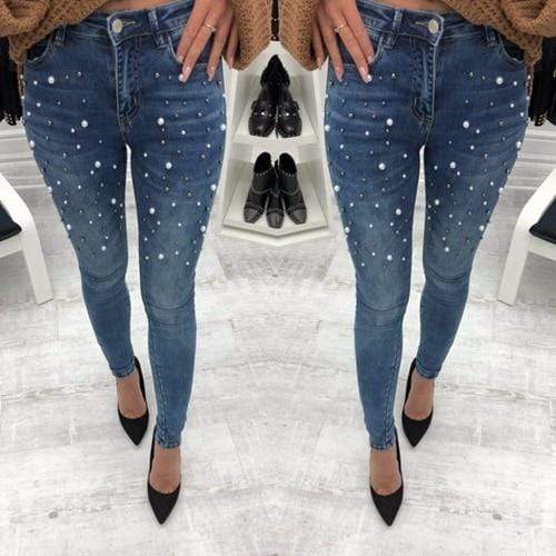 Women blue Jeans Pants Skinny Pearl Beaded black Jeans Summer Spring ladies high waist Zipper Fly Long Denim Casual mom jeans - saadatstore