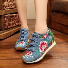 New Spring Women's Flower Embroidered Flat Platform Shoes Chinese Ladies Casual Comfort Denim Fabric Sneakers Shoes dfv56 - saadatstore