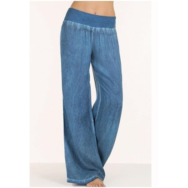 Plus Size S-5XL comfortable loose wide leg Imitation denim pants women's jeans Imitation elastic waist full long trousers pants - saadatstore