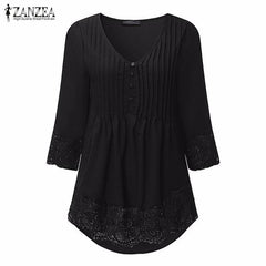 ZANZEA Women 2019 Autumn Elegant Lace Blouses Shirts Sexy V Neck Casual 3/4 Sleeve Asymmetrical Solid Blusas Tops Oversized