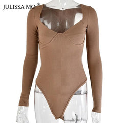 JULISSA MO Rib Knitted Long Sleeve Bodysuit Women Tops Sexy V Neck Skinny Rompers Womens Jumpsuit 2019 Spring Casual Basic Body - saadatstore