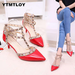 Pumps 2019 Women's Shoes Summer Fashion Female Sandals Rivet Metal Decoration Pu Leather Style Women High Heels Zapatos De Mujer - saadatstore