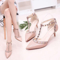 Pumps 2019 Women's Shoes Summer Fashion Female Sandals Rivet Metal Decoration Pu Leather Style Women High Heels Zapatos De Mujer - saadatstore