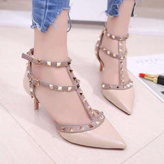 Pumps 2019 Women's Shoes Summer Fashion Female Sandals Rivet Metal Decoration Pu Leather Style Women High Heels Zapatos De Mujer - saadatstore