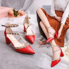 Pumps 2019 Women's Shoes Summer Fashion Female Sandals Rivet Metal Decoration Pu Leather Style Women High Heels Zapatos De Mujer - saadatstore