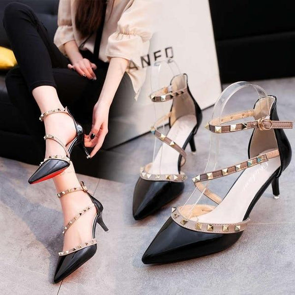 Pumps 2019 Women's Shoes Summer Fashion Female Sandals Rivet Metal Decoration Pu Leather Style Women High Heels Zapatos De Mujer - saadatstore