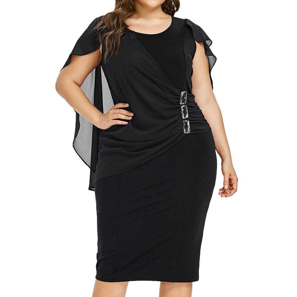 Plus Size 5XL Chiffon Knee Length Fitted Party Dress Women Solid Sleeveless O-Neck Sheath Dress Rhinestone Overlay Vestido z0522 - saadatstore