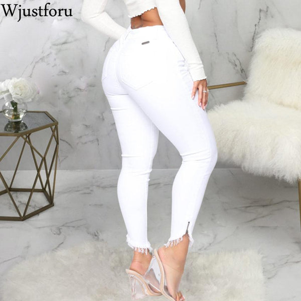 Wjustforu White Elegant Hole Jeans Pants Women Bodycon Casual Denim Pencil Pants Female Summer Fashion Tight Jeans Trousers - saadatstore