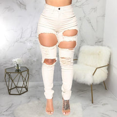 Wjustforu White Elegant Hole Jeans Pants Women Bodycon Casual Denim Pencil Pants Female Summer Fashion Tight Jeans Trousers - saadatstore