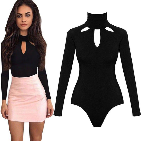 Bodysuit Women Sexy Romper Black Mock Neck Long Sleeve - saadatstore