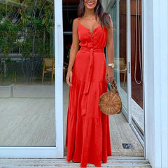 Summer Women Holiday Maxi Long Shirt Dress saadatstore Red L 